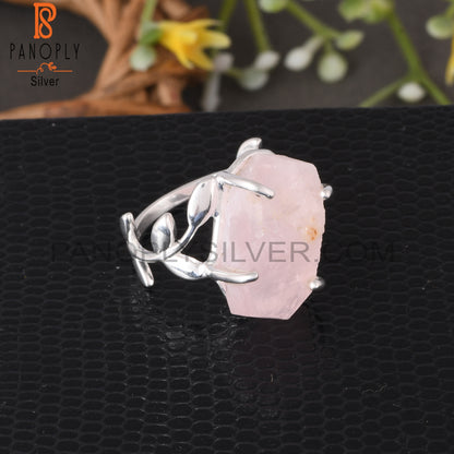 Branch Rose Quartz Rough 925 Sterling Silver Leaf Ring