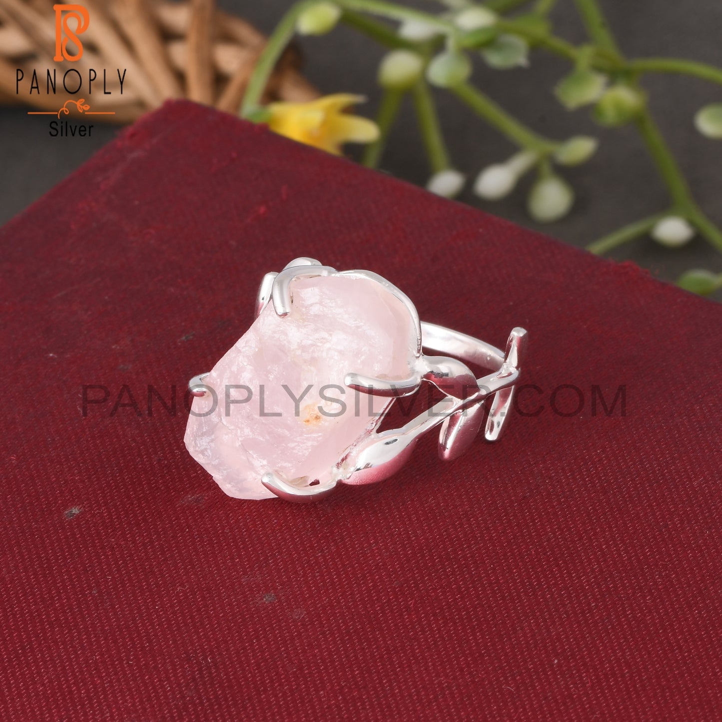 Branch Rose Quartz Rough 925 Sterling Silver Leaf Ring