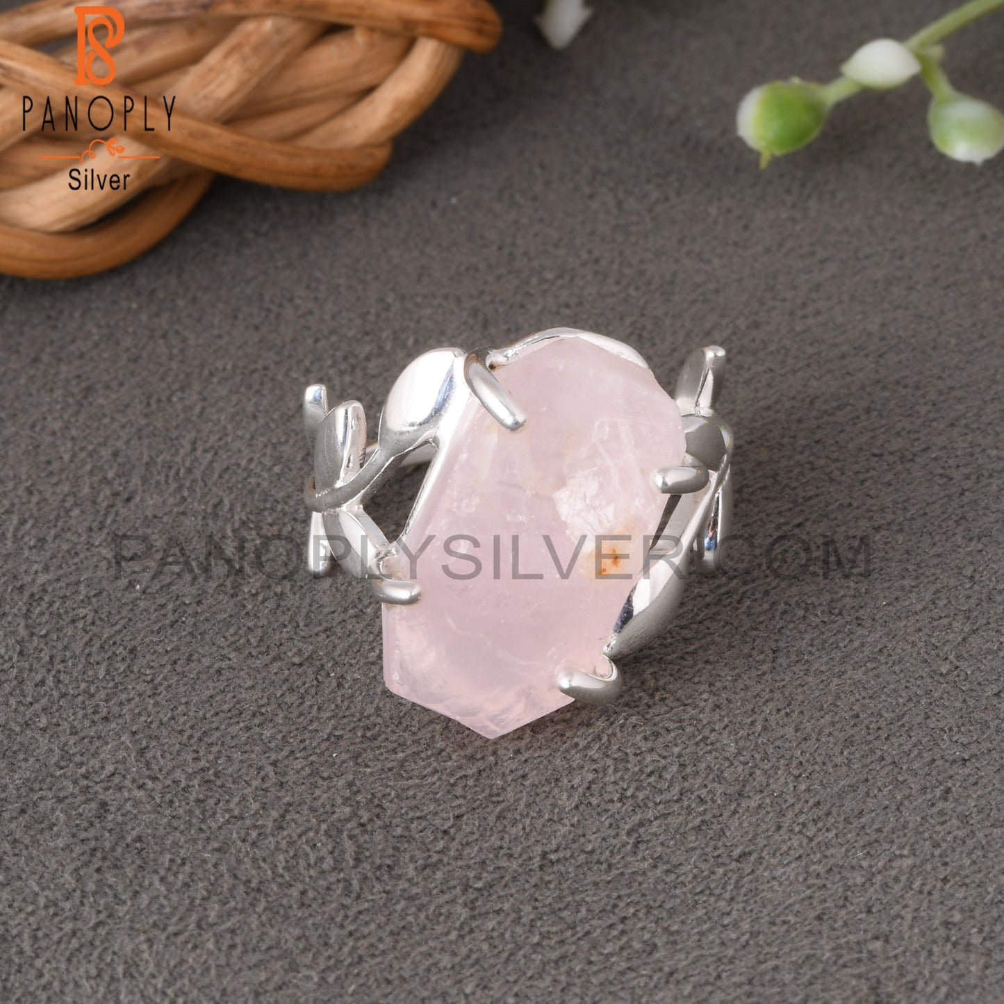 Branch Rose Quartz Rough 925 Sterling Silver Leaf Ring