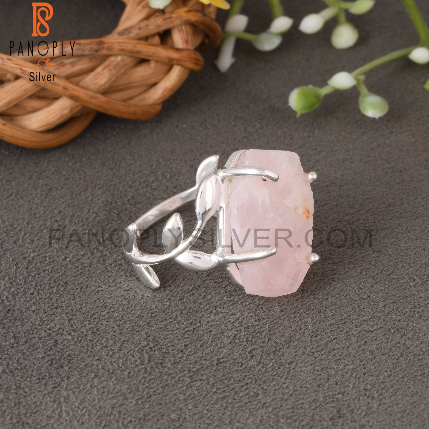 Branch Rose Quartz Rough 925 Sterling Silver Leaf Ring
