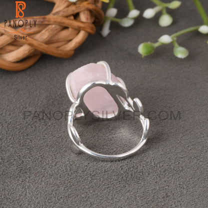 Branch Rose Quartz Rough 925 Sterling Silver Leaf Ring