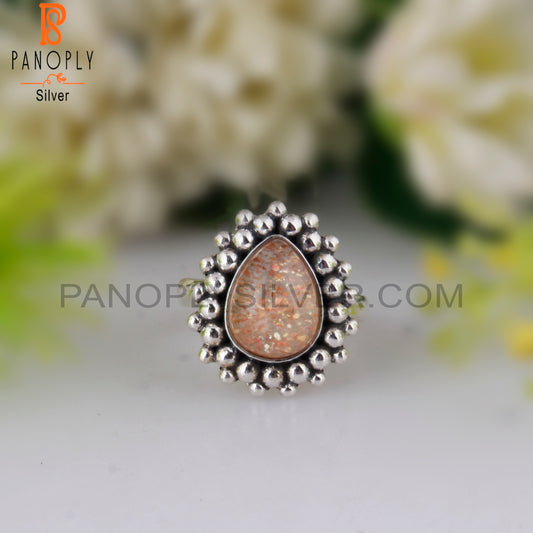 Doublet Sunstone Crystal Pear Shape 925 Sterling Silver Ring
