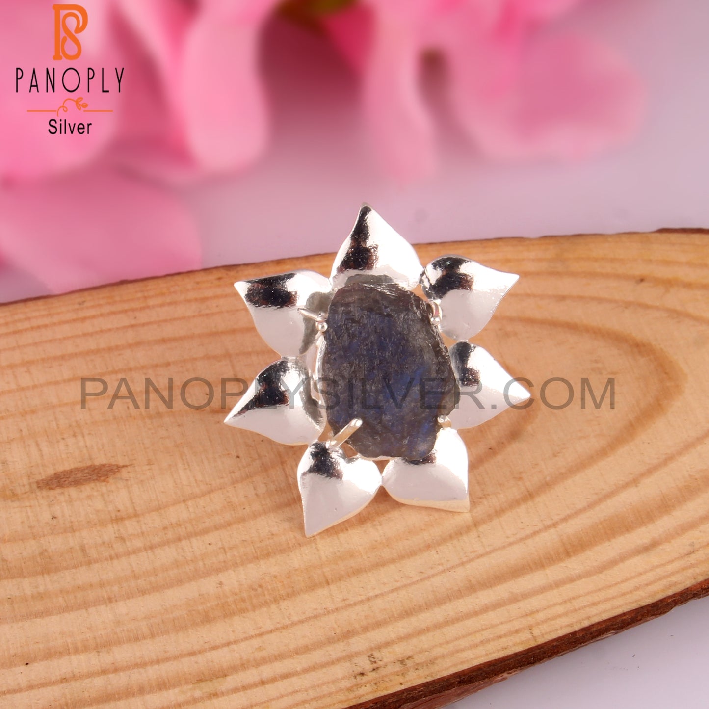 Labradorite Rough 925 Sterling Silver Flower Ring