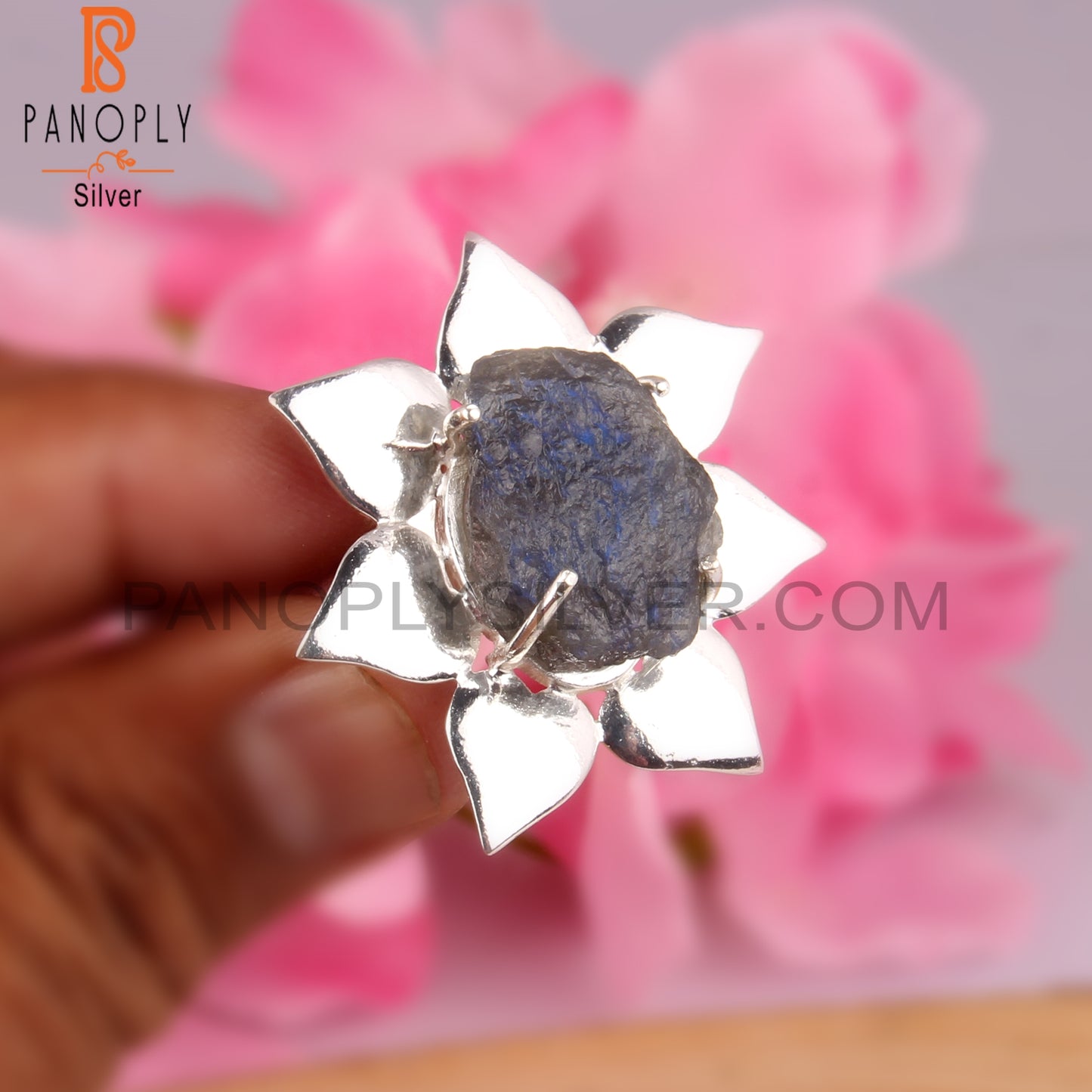 Labradorite Rough 925 Sterling Silver Flower Ring