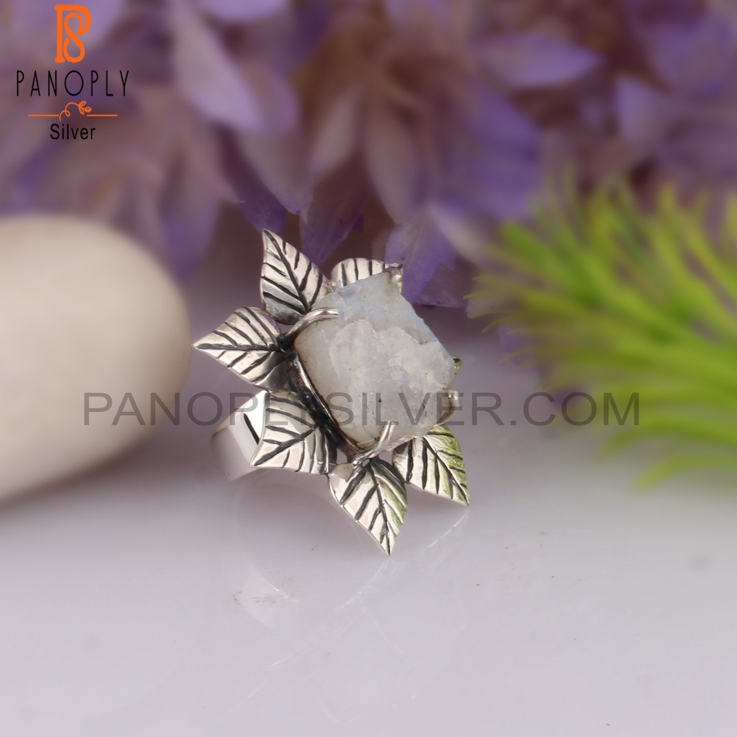 Rainbow Moonstone Rough 925 Sterling Silver Flower Ring