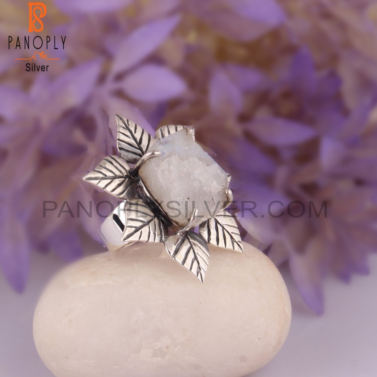 Rainbow Moonstone Rough 925 Sterling Silver Flower Ring