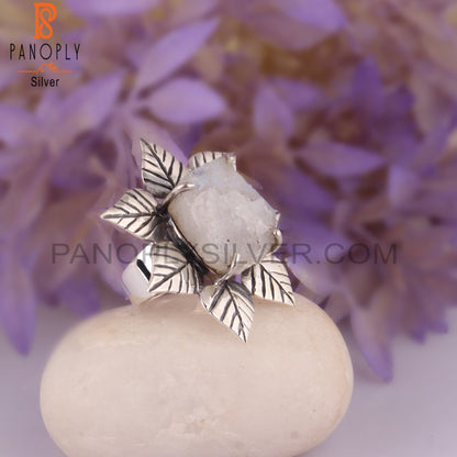 Rainbow Moonstone Rough 925 Sterling Silver Flower Ring