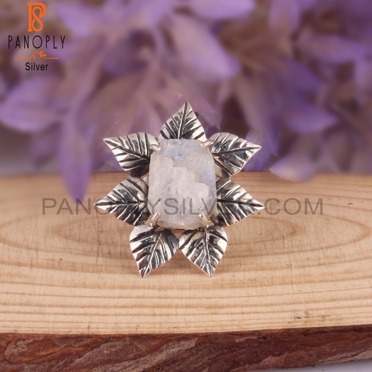 Rainbow Moonstone Rough 925 Sterling Silver Flower Ring