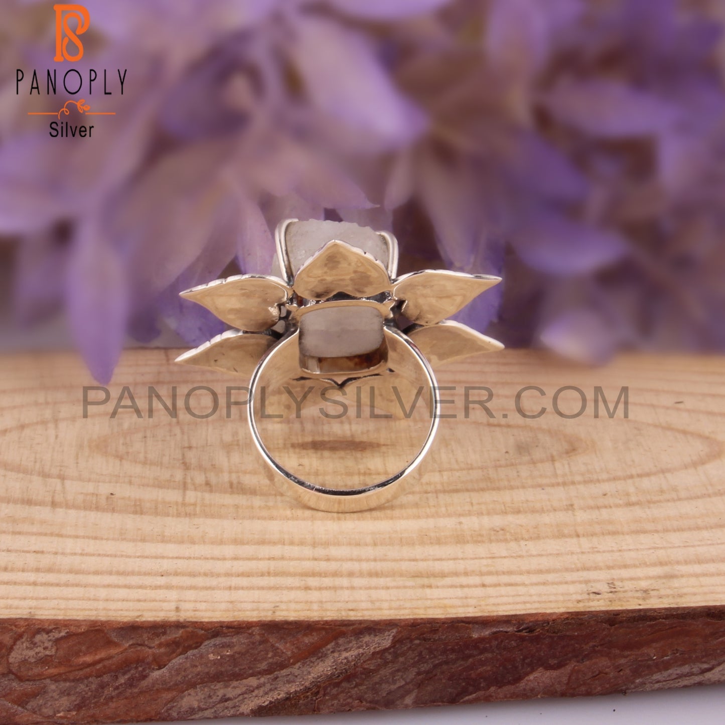 Rainbow Moonstone Rough 925 Sterling Silver Flower Ring