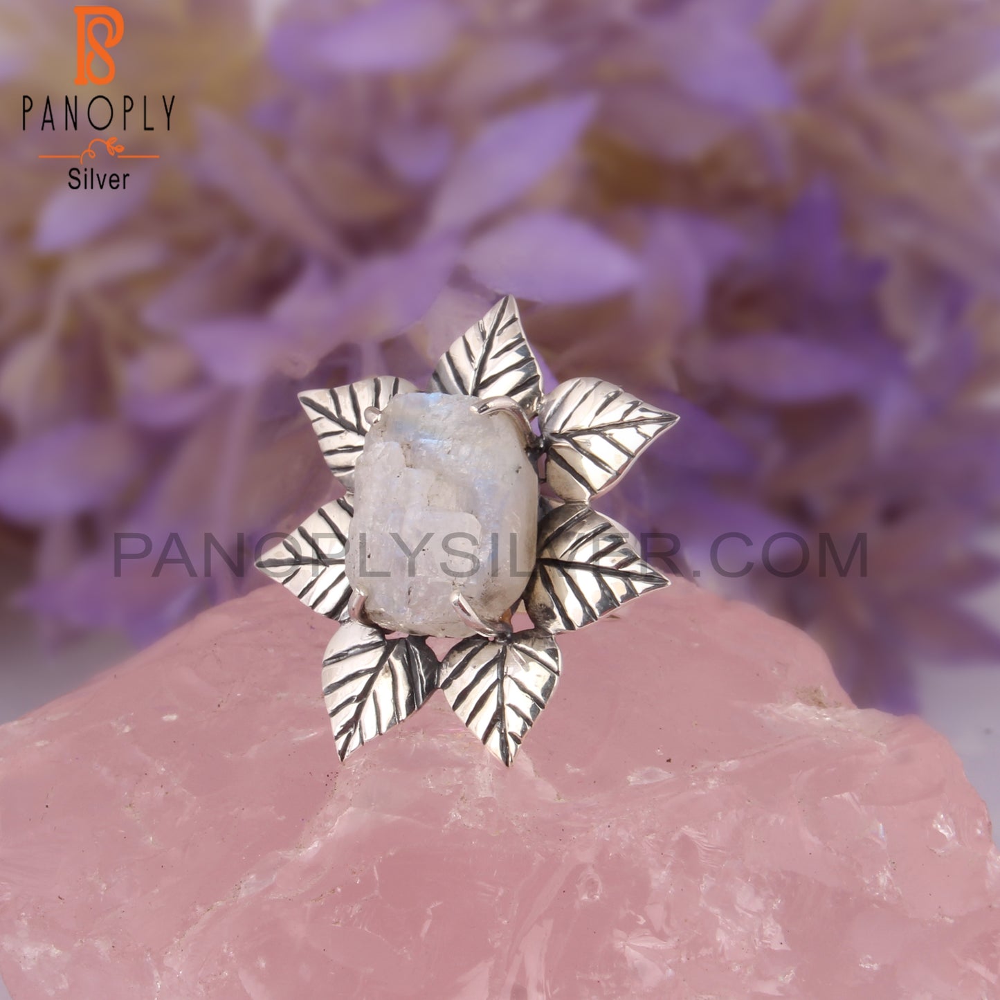 Rainbow Moonstone Rough 925 Sterling Silver Flower Ring