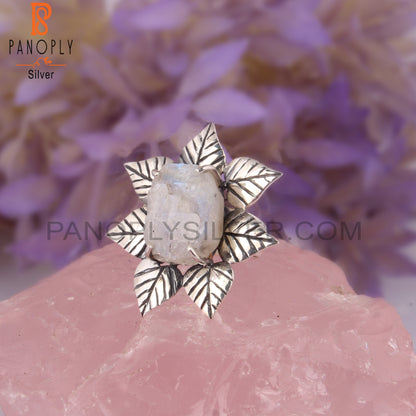 Rainbow Moonstone Rough 925 Sterling Silver Flower Ring
