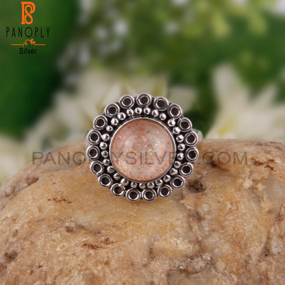 Doublet Sunstone Crystal Round 925 Sterling Silver Ring
