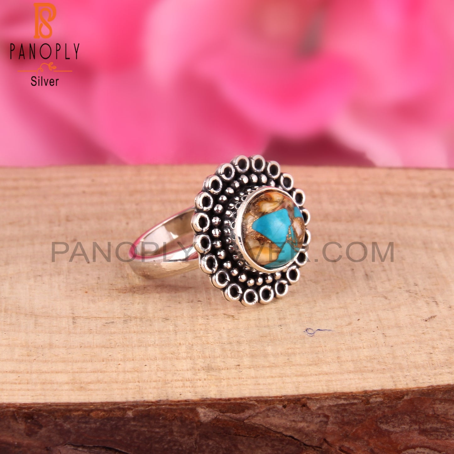 Mojave Copper Oyster Turquoise Round Shape 925 Sterling Ring