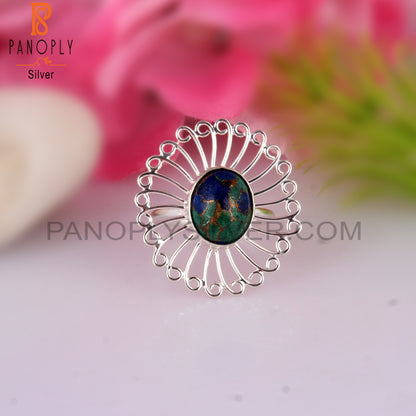 Mojave Copper Azurite Malachite 925 Silver Floral Ring