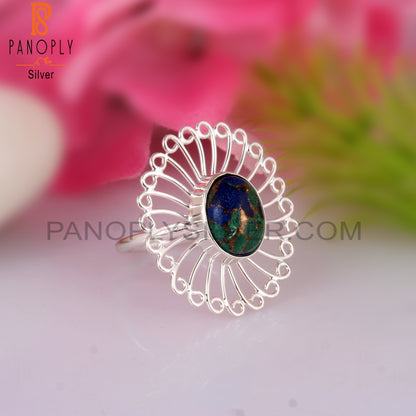 Mojave Copper Azurite Malachite 925 Silver Floral Ring