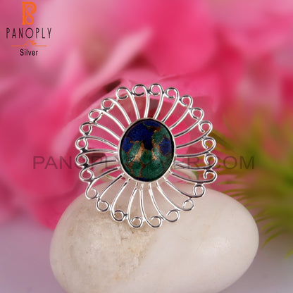 Mojave Copper Azurite Malachite 925 Silver Floral Ring
