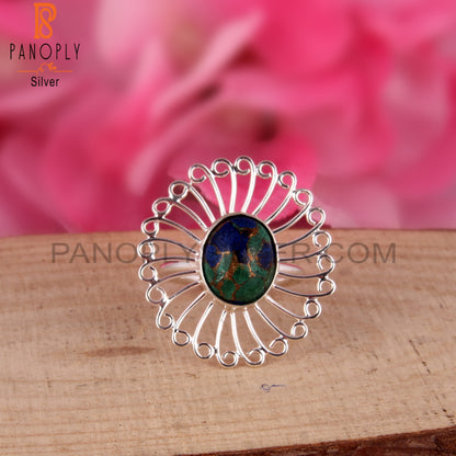 Mojave Copper Azurite Malachite 925 Silver Floral Ring