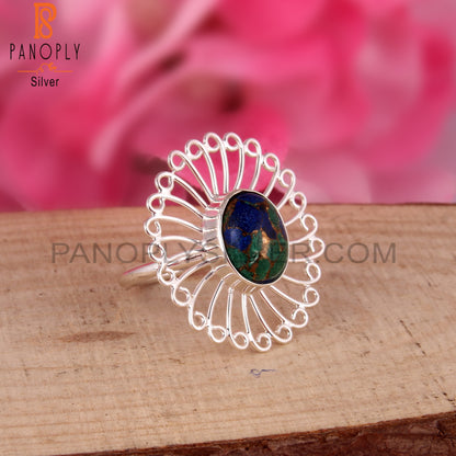 Mojave Copper Azurite Malachite 925 Silver Floral Ring