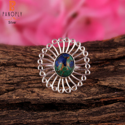 Mojave Copper Azurite Malachite 925 Silver Floral Ring