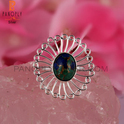 Mojave Copper Azurite Malachite 925 Silver Floral Ring