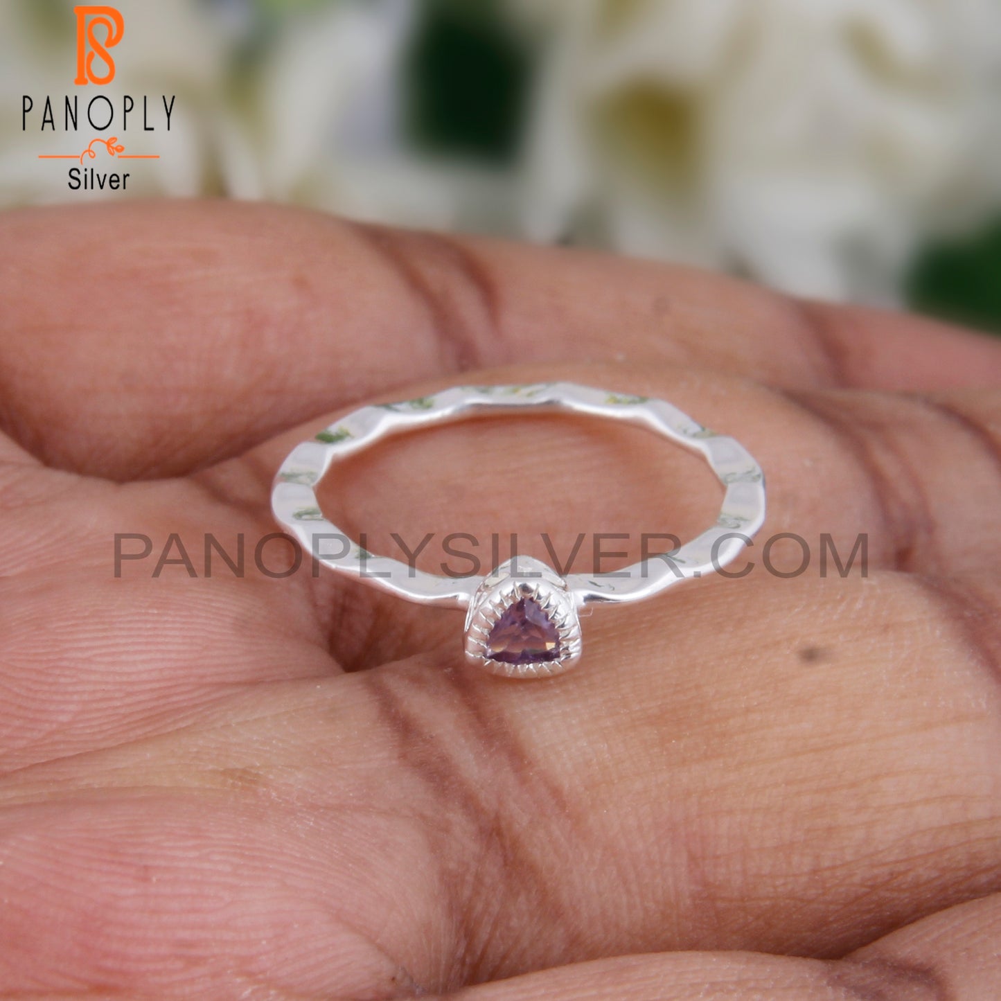 Pink Amethyst Triangular 925 Sterling Silver Ring