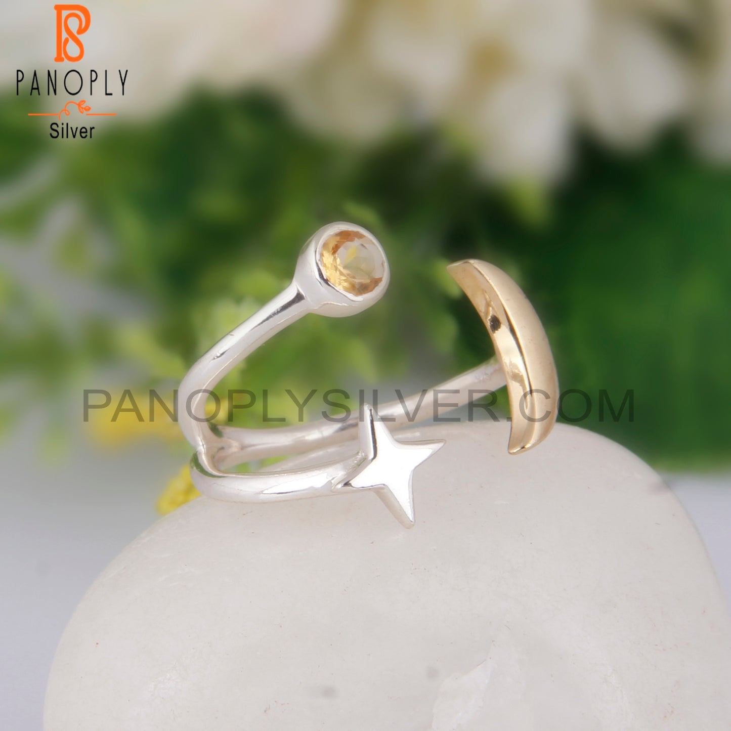 Citrine 925 Sterling Silver Star Moon Charm Ring