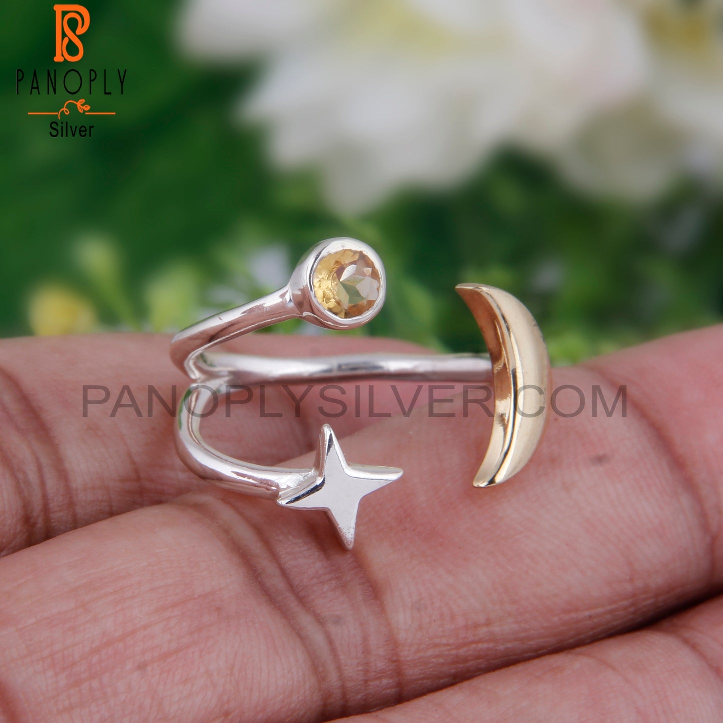 Citrine 925 Sterling Silver Star Moon Charm Ring