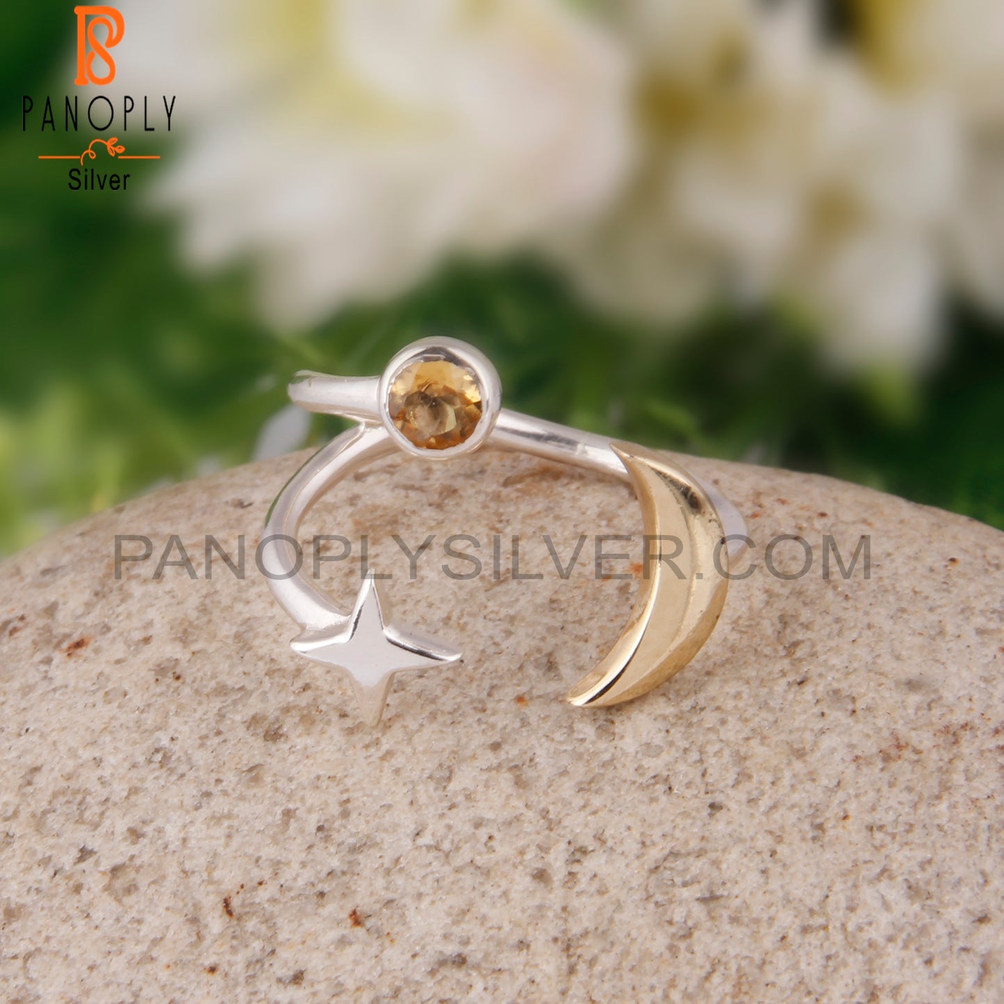 Citrine 925 Sterling Silver Star Moon Charm Ring