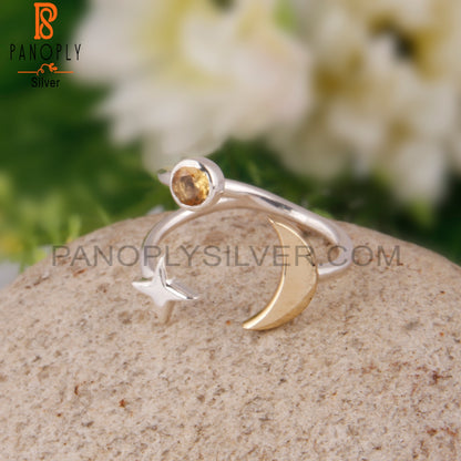Citrine 925 Sterling Silver Star Moon Charm Ring