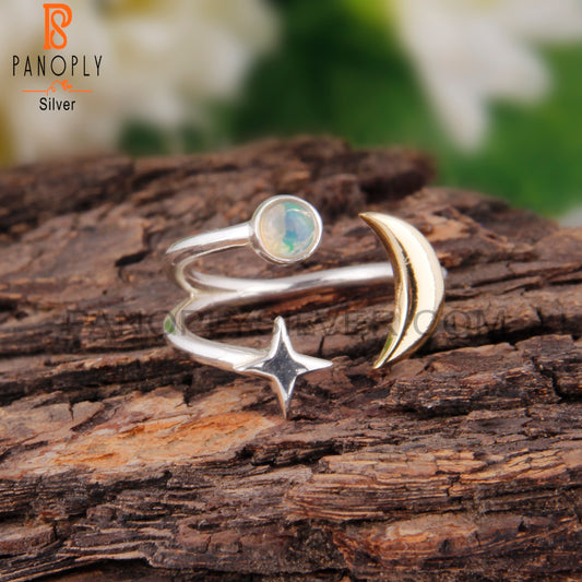 Ethiopian Opal 925 Sterling Silver Star Moon Charm Ring