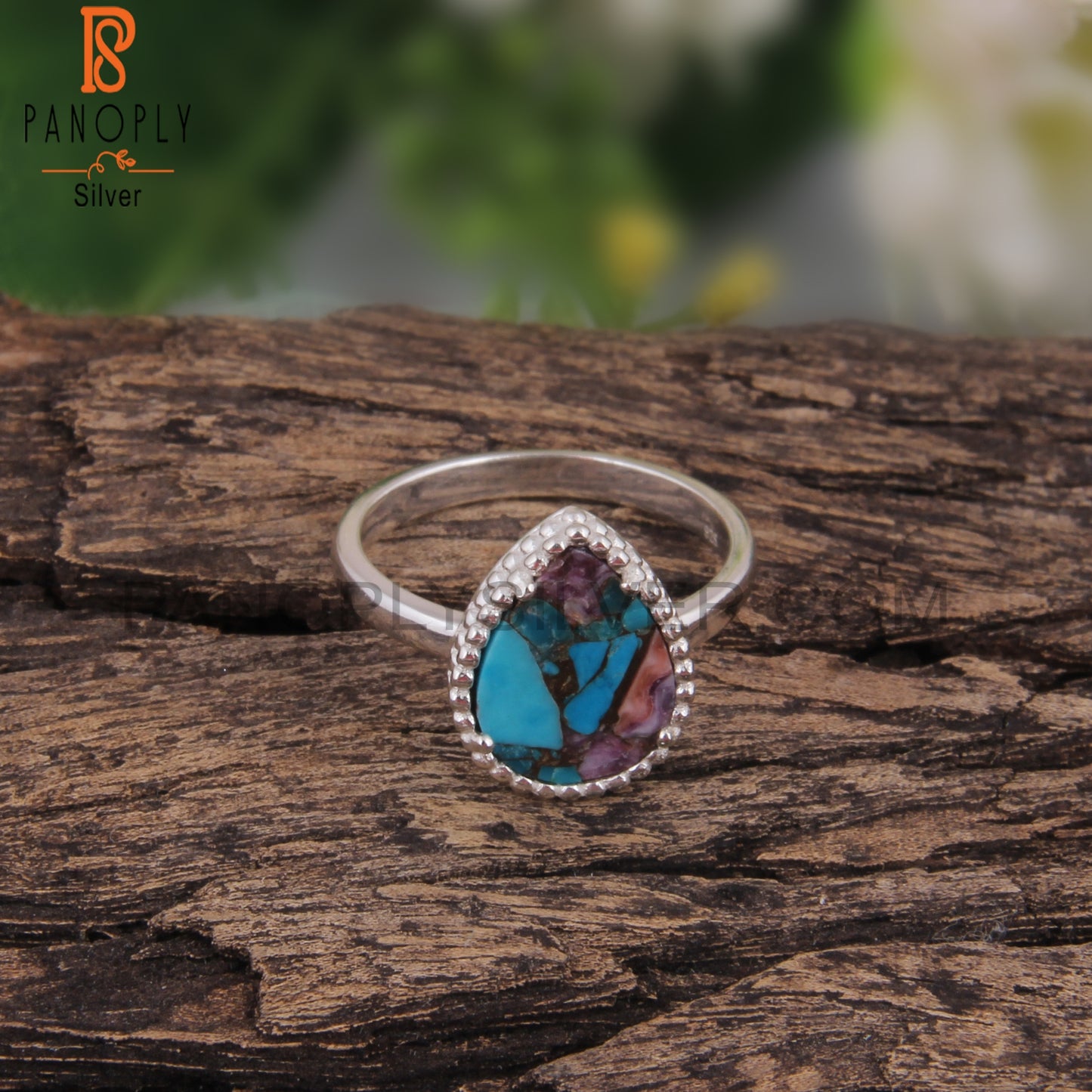 Natural Mojave Purple Oyster Turquoise Pear 925 Stylish Ring