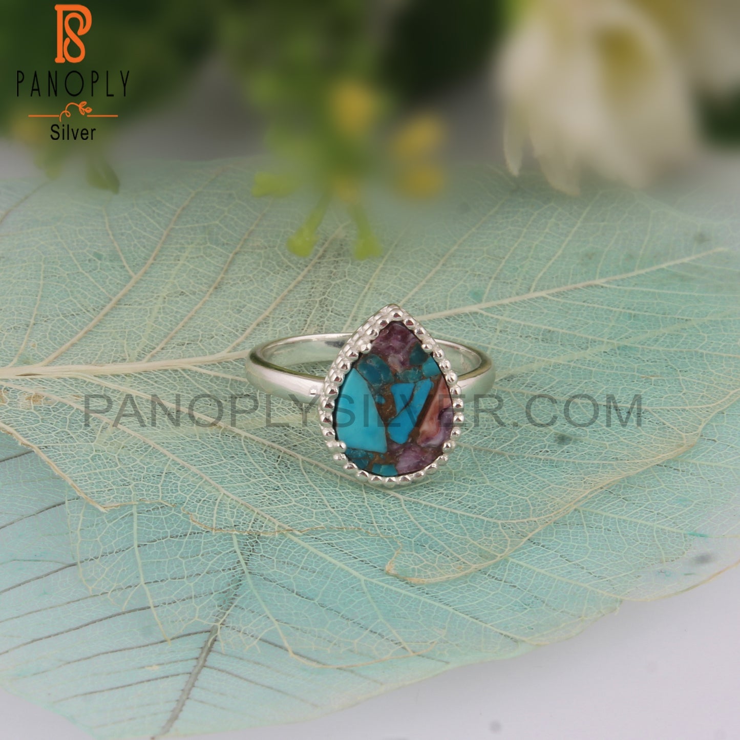 Natural Mojave Purple Oyster Turquoise Pear 925 Stylish Ring