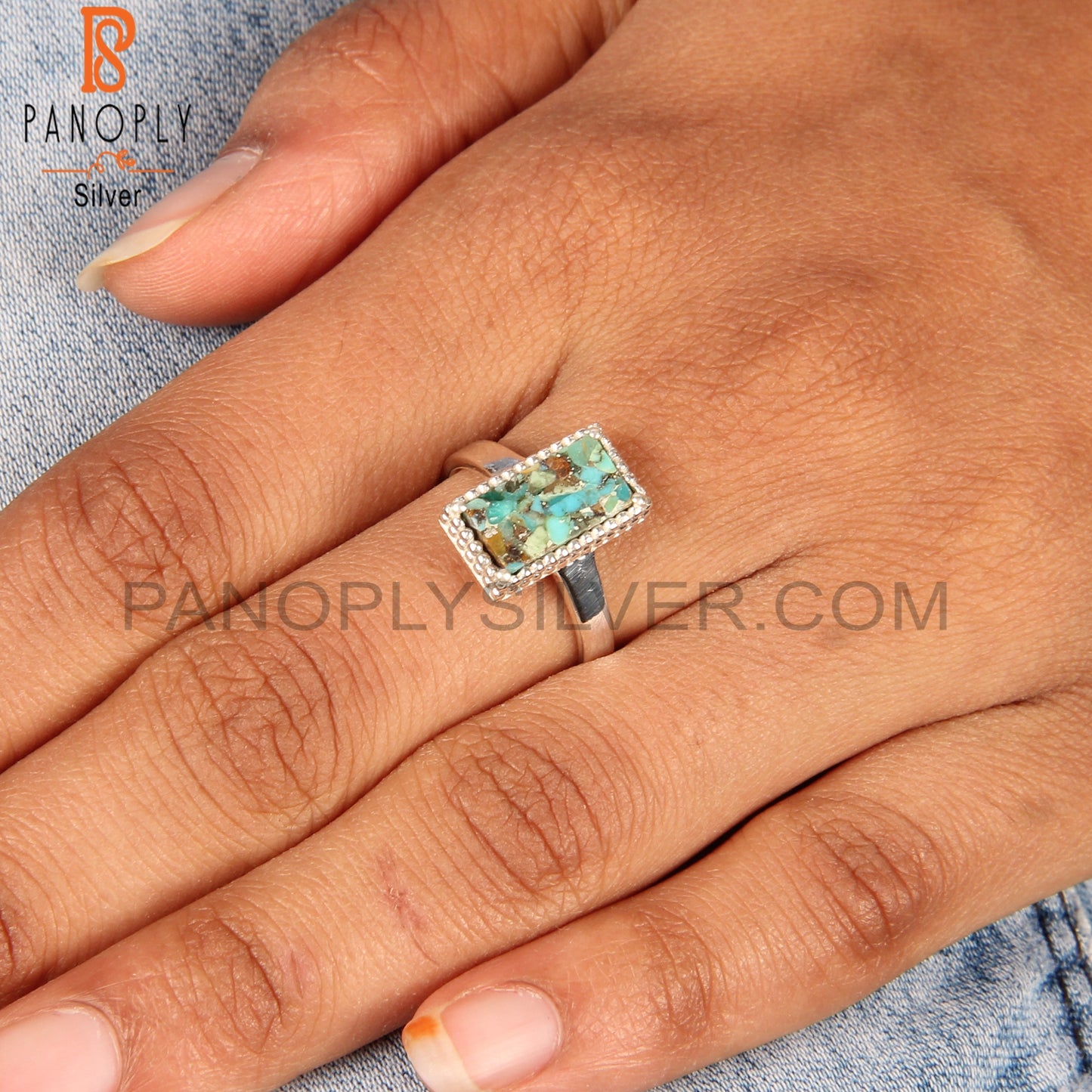 Boulder Turquoise Beguette 925 Sterling Silver Ring