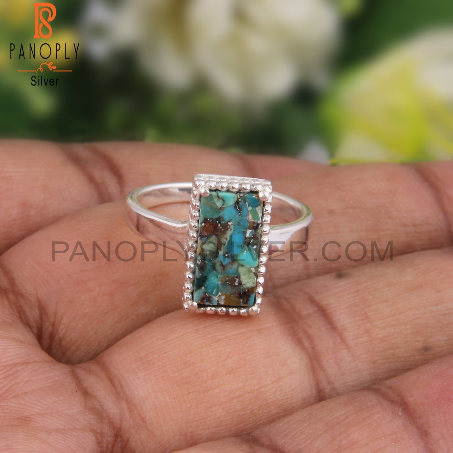Boulder Turquoise Beguette 925 Sterling Silver Ring