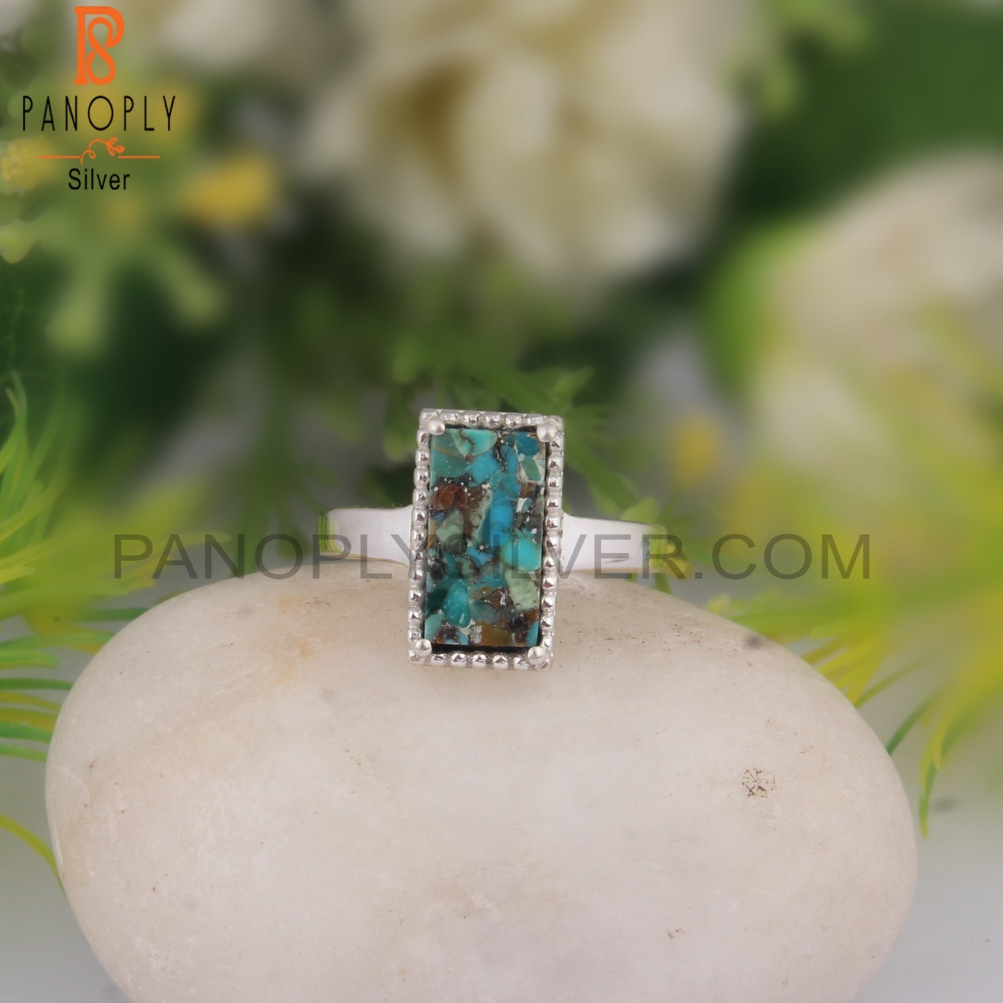 Boulder Turquoise Beguette 925 Sterling Silver Ring