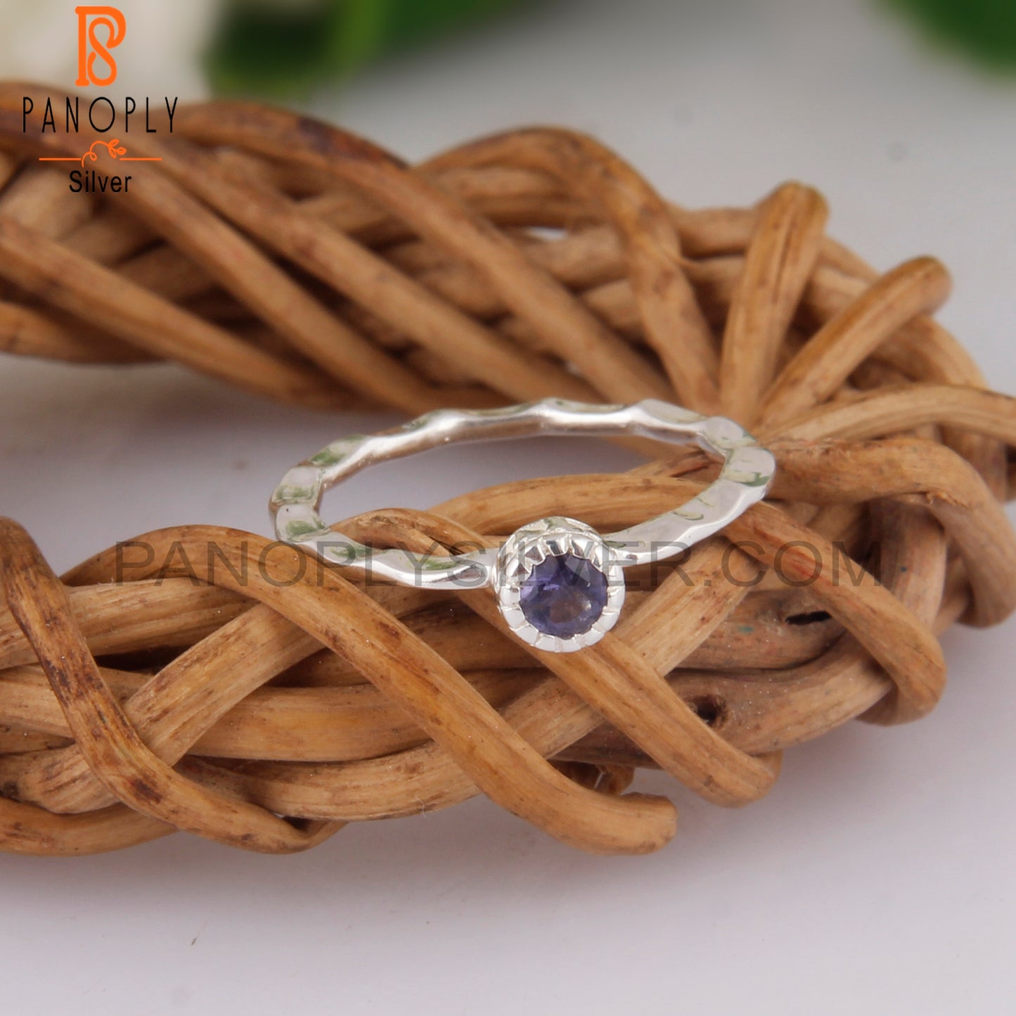 Iolite Round 925 Silver Hand hammered Ring