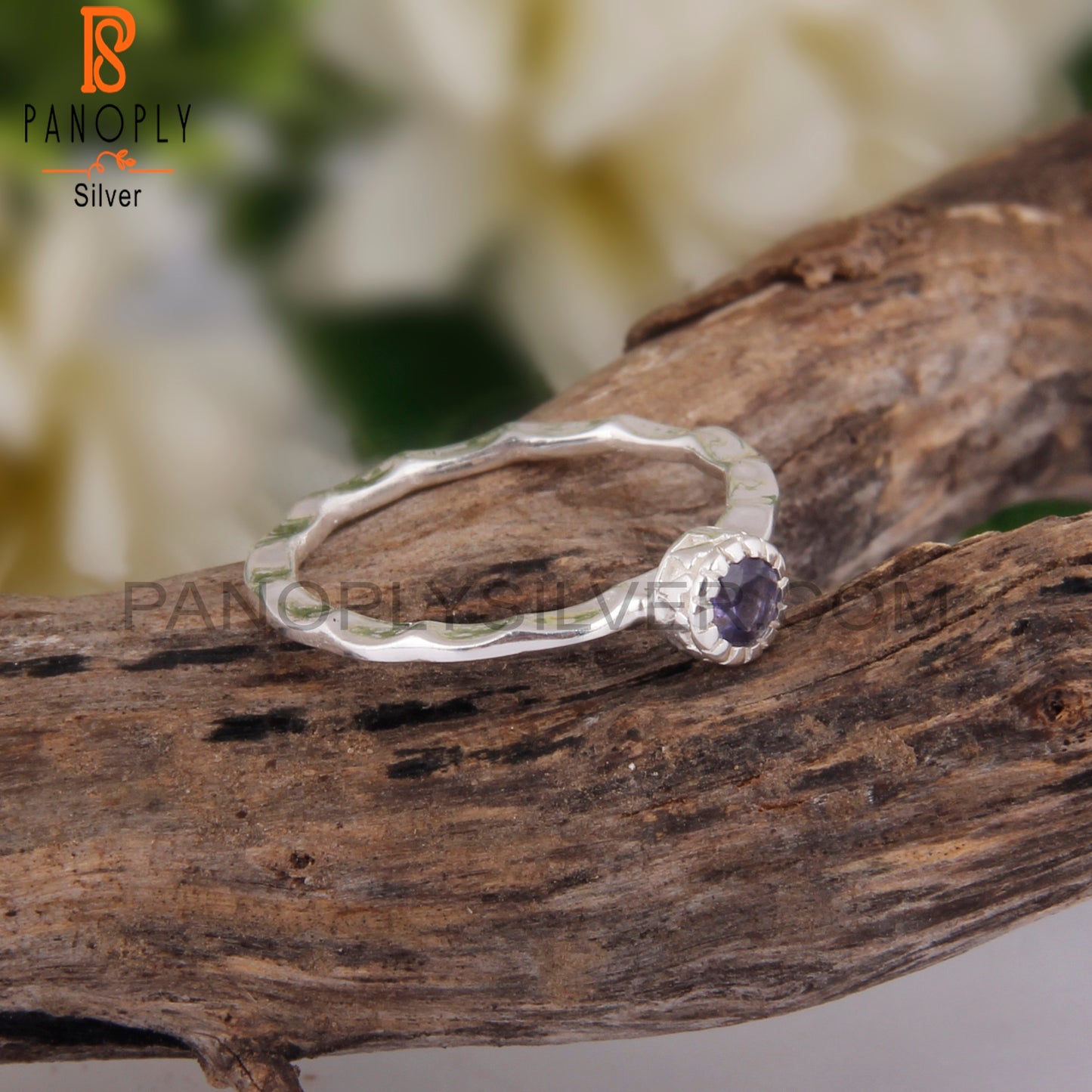 Iolite Round 925 Silver Hand hammered Ring