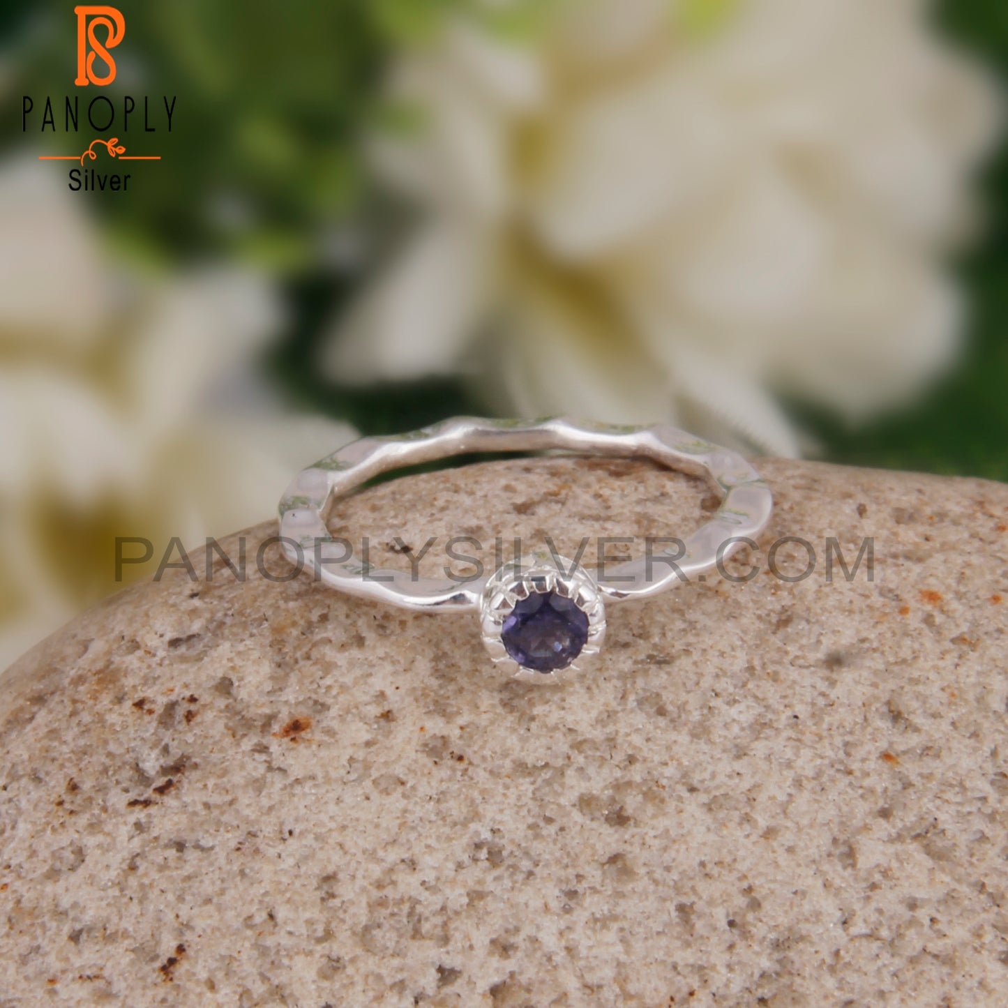Iolite Round 925 Silver Hand hammered Ring