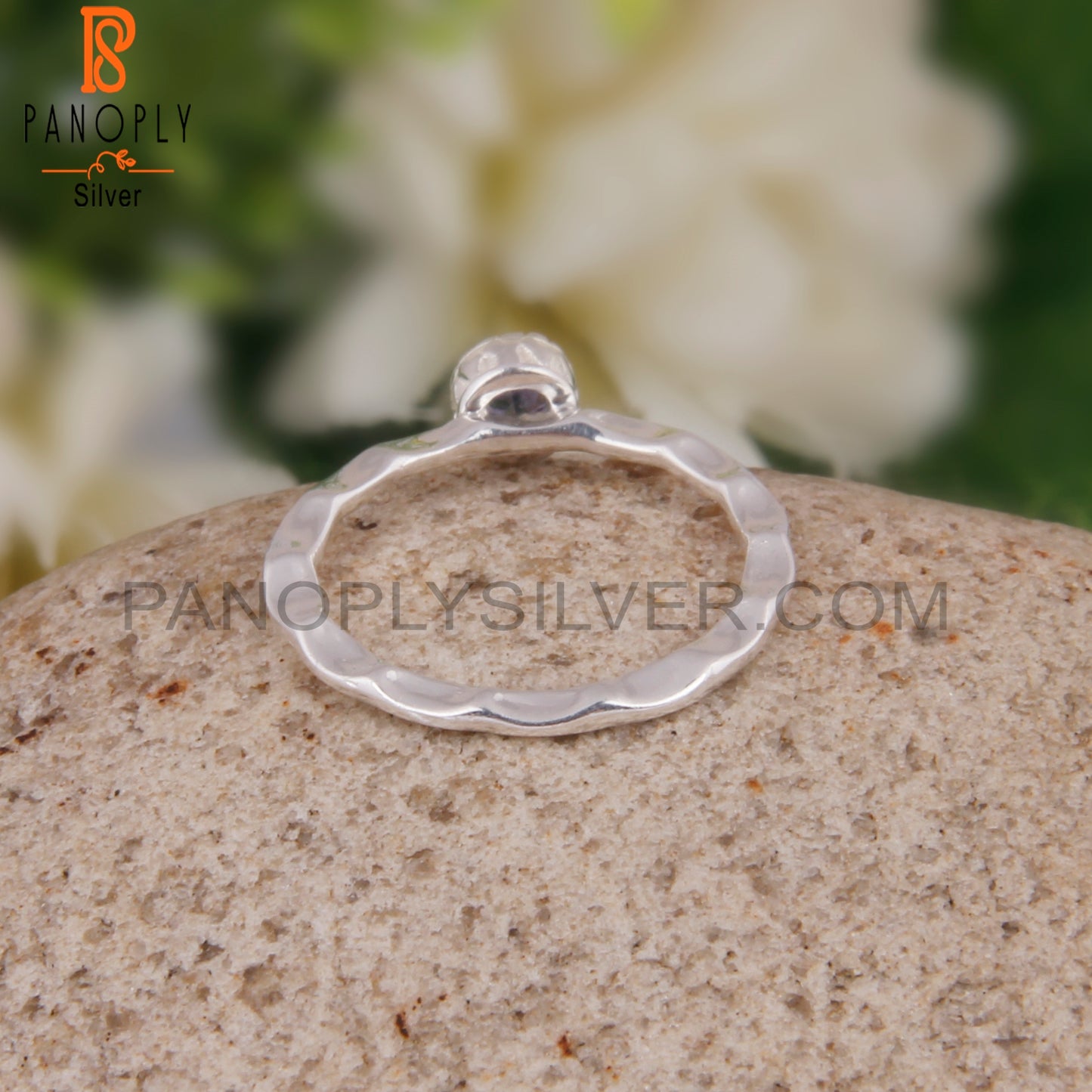 Iolite Round 925 Silver Hand hammered Ring