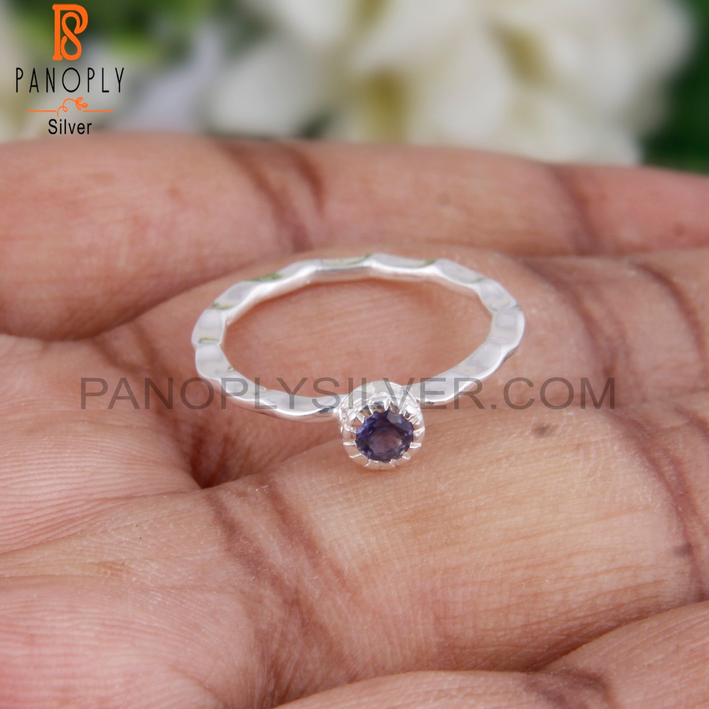 Iolite Round 925 Silver Hand hammered Ring
