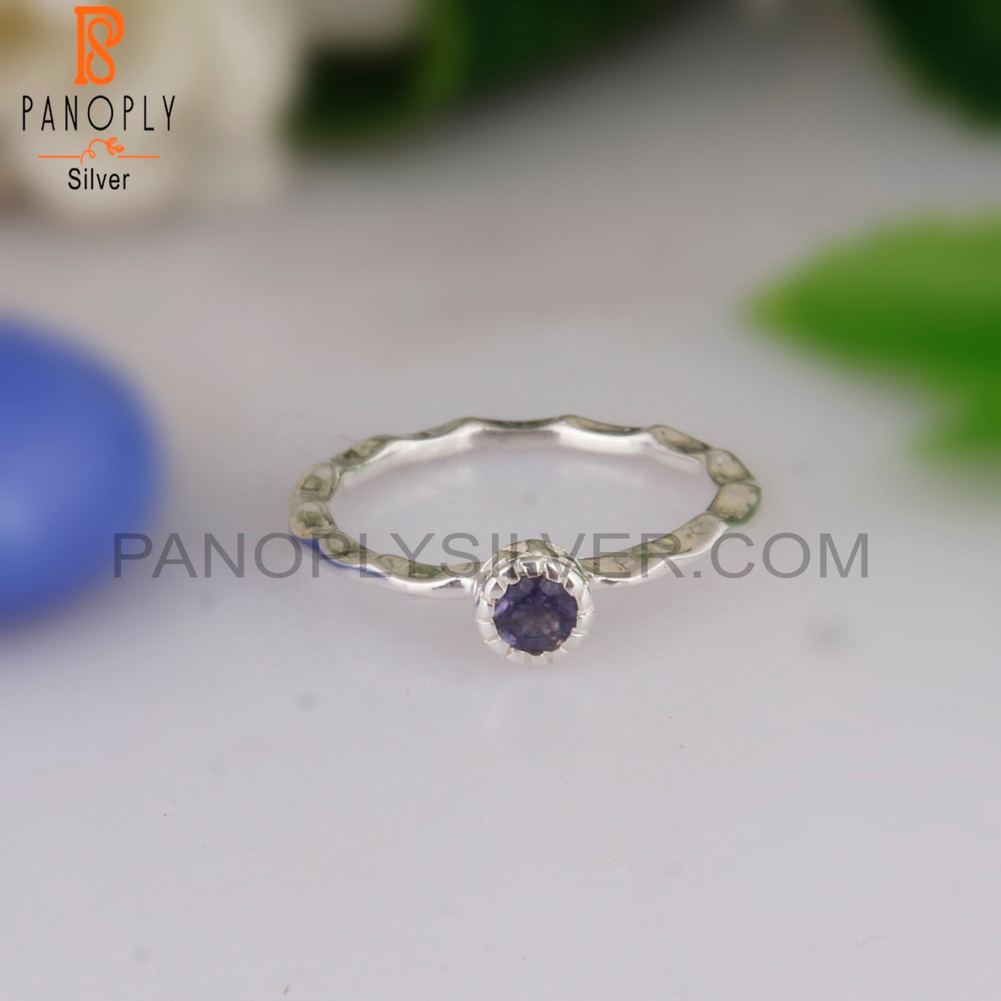 Iolite Round 925 Silver Hand hammered Ring