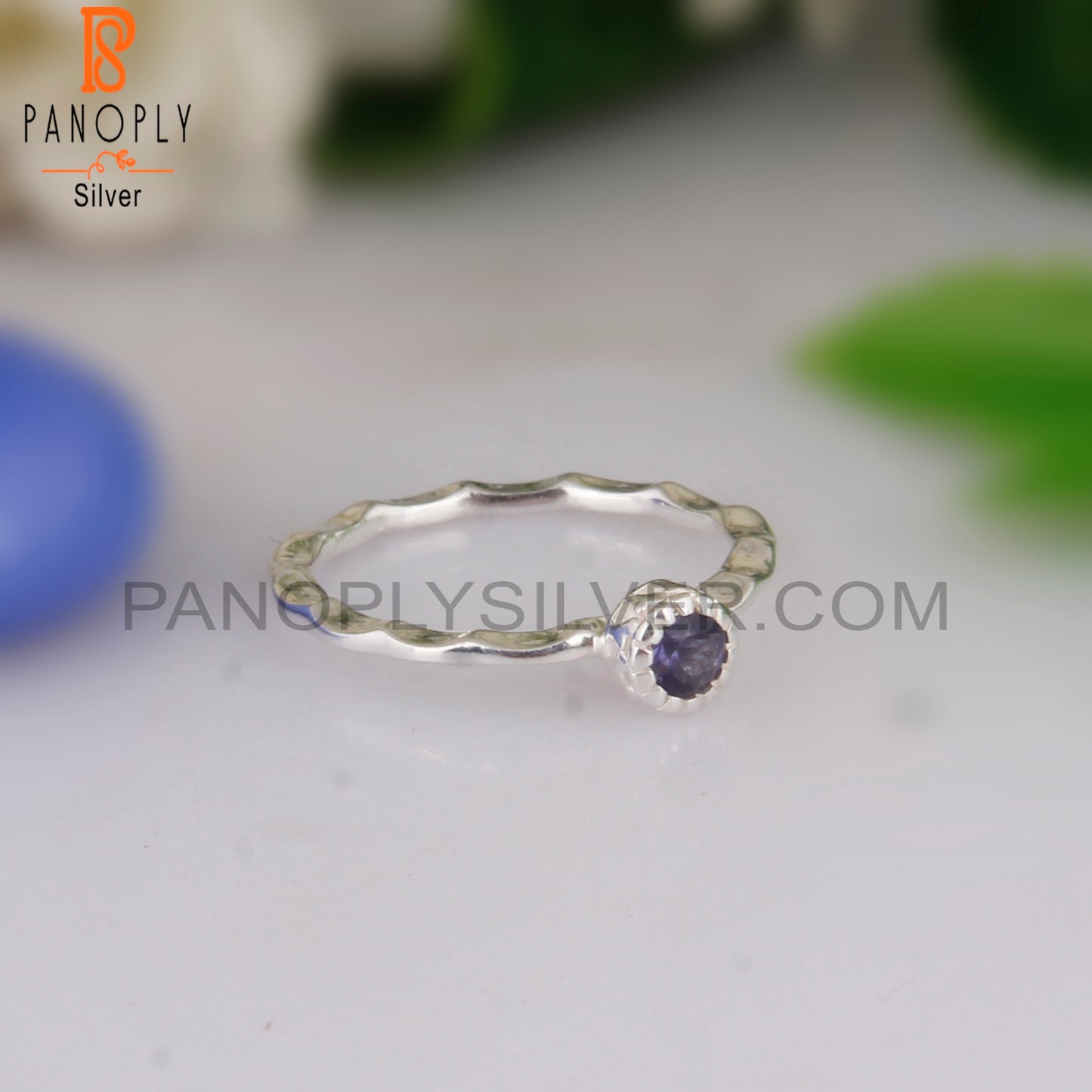Iolite Round 925 Silver Hand hammered Ring