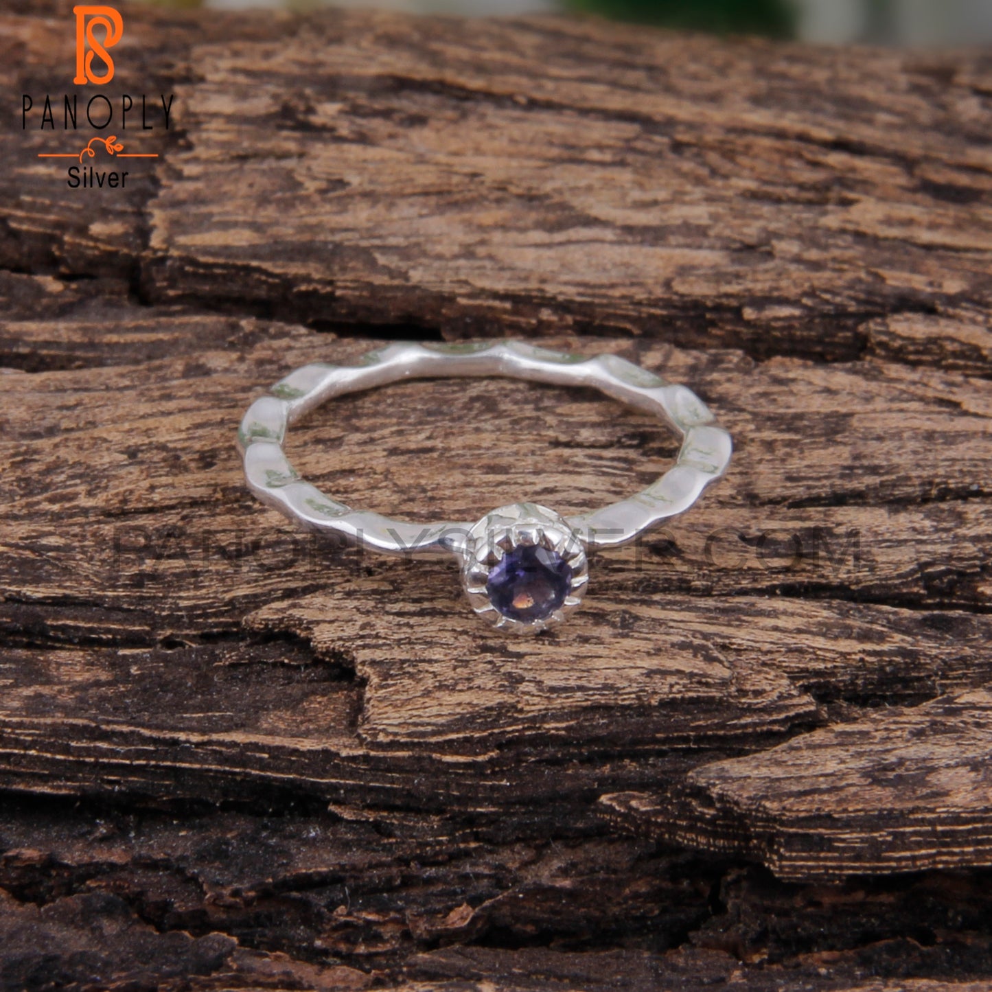 Iolite Round 925 Silver Hand hammered Ring