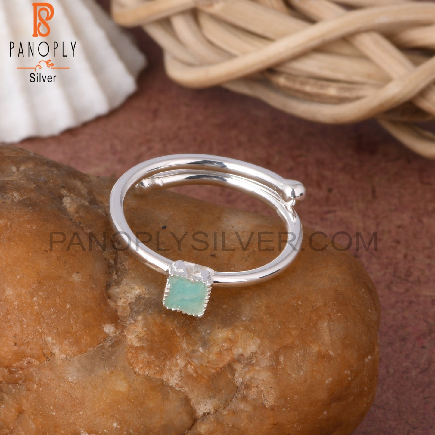 Amazonite Square Shape 925 Brithstone Ajustable Ring