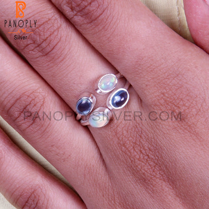 Blue Topaz & Ethiopian Opal Oval 925 Sterling Silver Ring