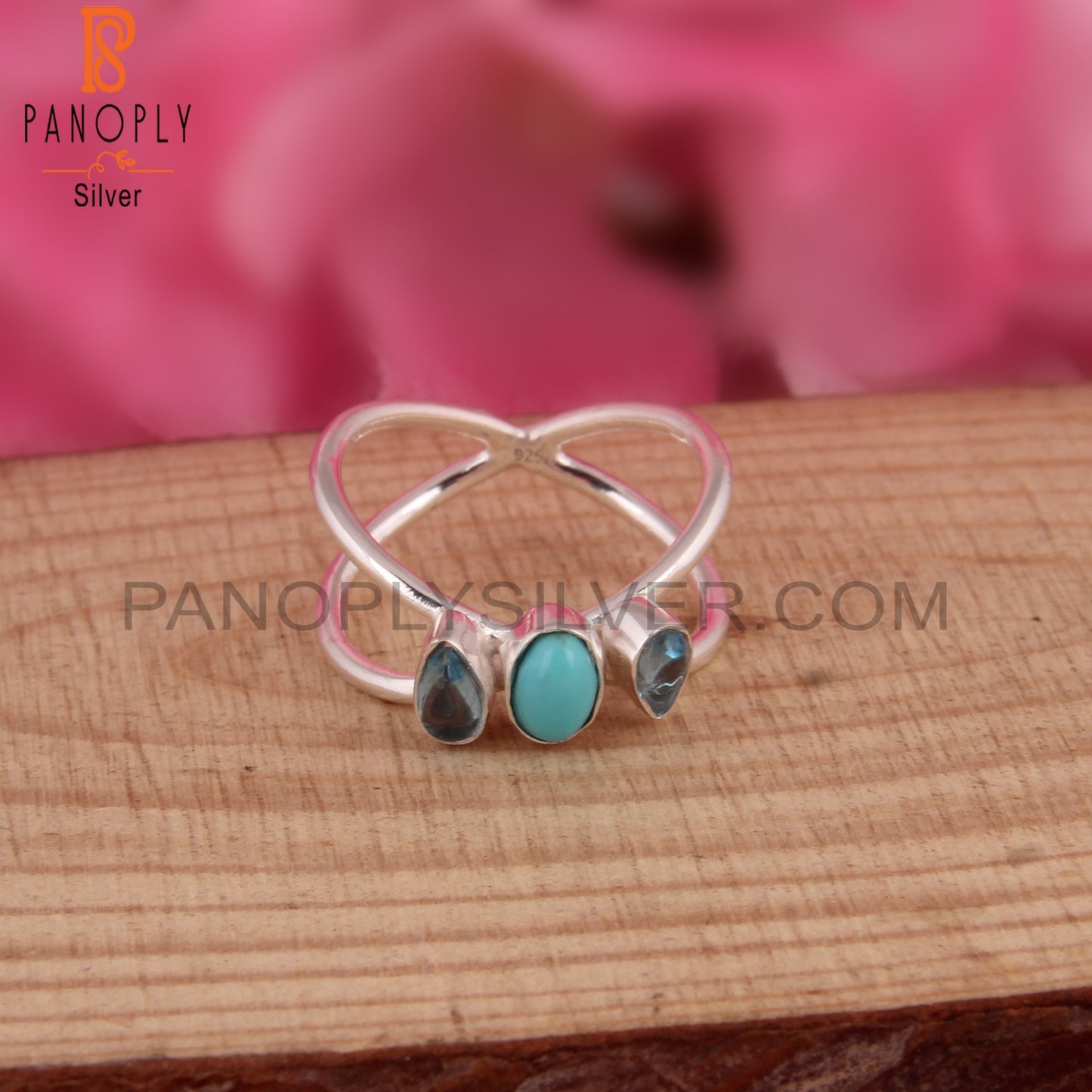 Blue Topaz & Arizona Turquoise Cabochon 925 Silver Star Ring