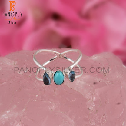 Blue Topaz & Arizona Turquoise Cabochon 925 Silver Star Ring
