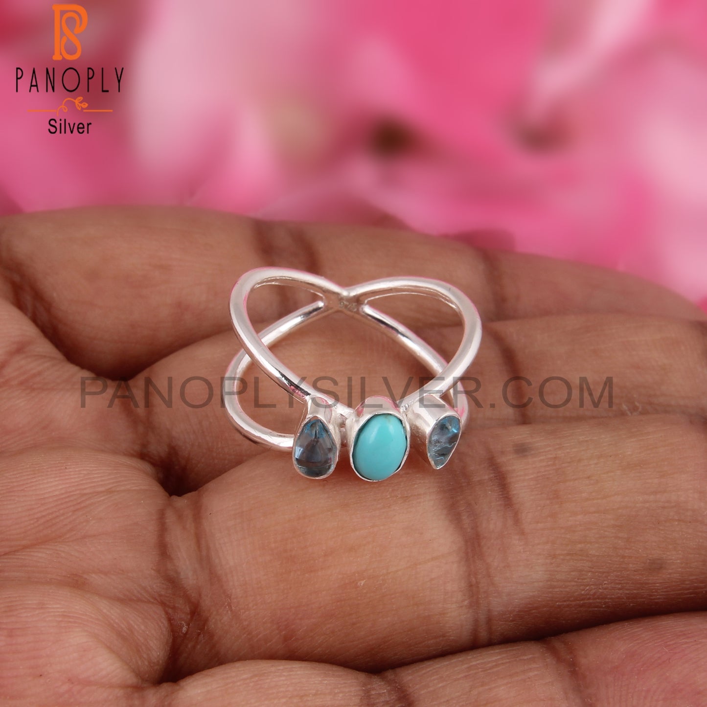 Blue Topaz & Arizona Turquoise Cabochon 925 Silver Star Ring