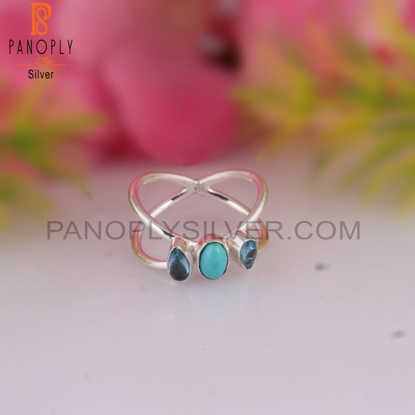 Blue Topaz & Arizona Turquoise Cabochon 925 Silver Star Ring