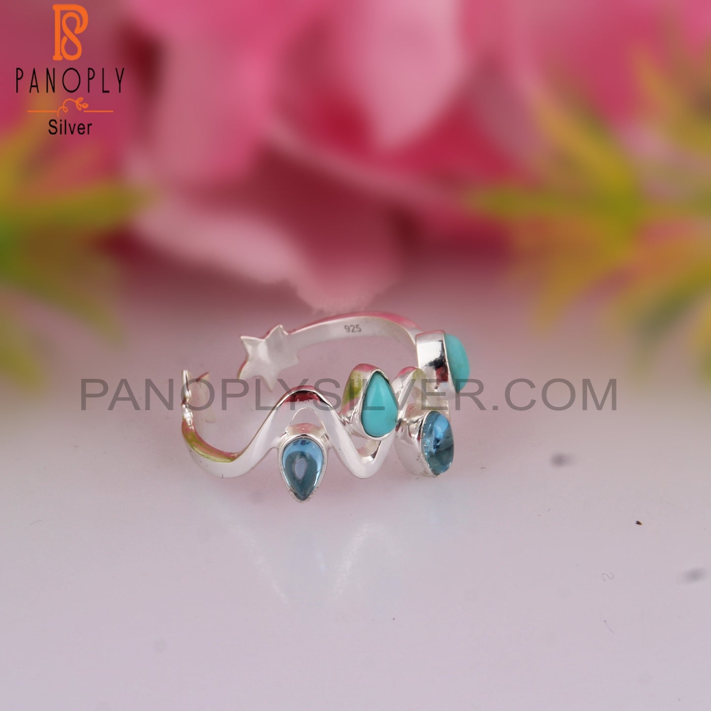 Blue Topaz & Arizona Turquoise 925 Star Party Ring Gift